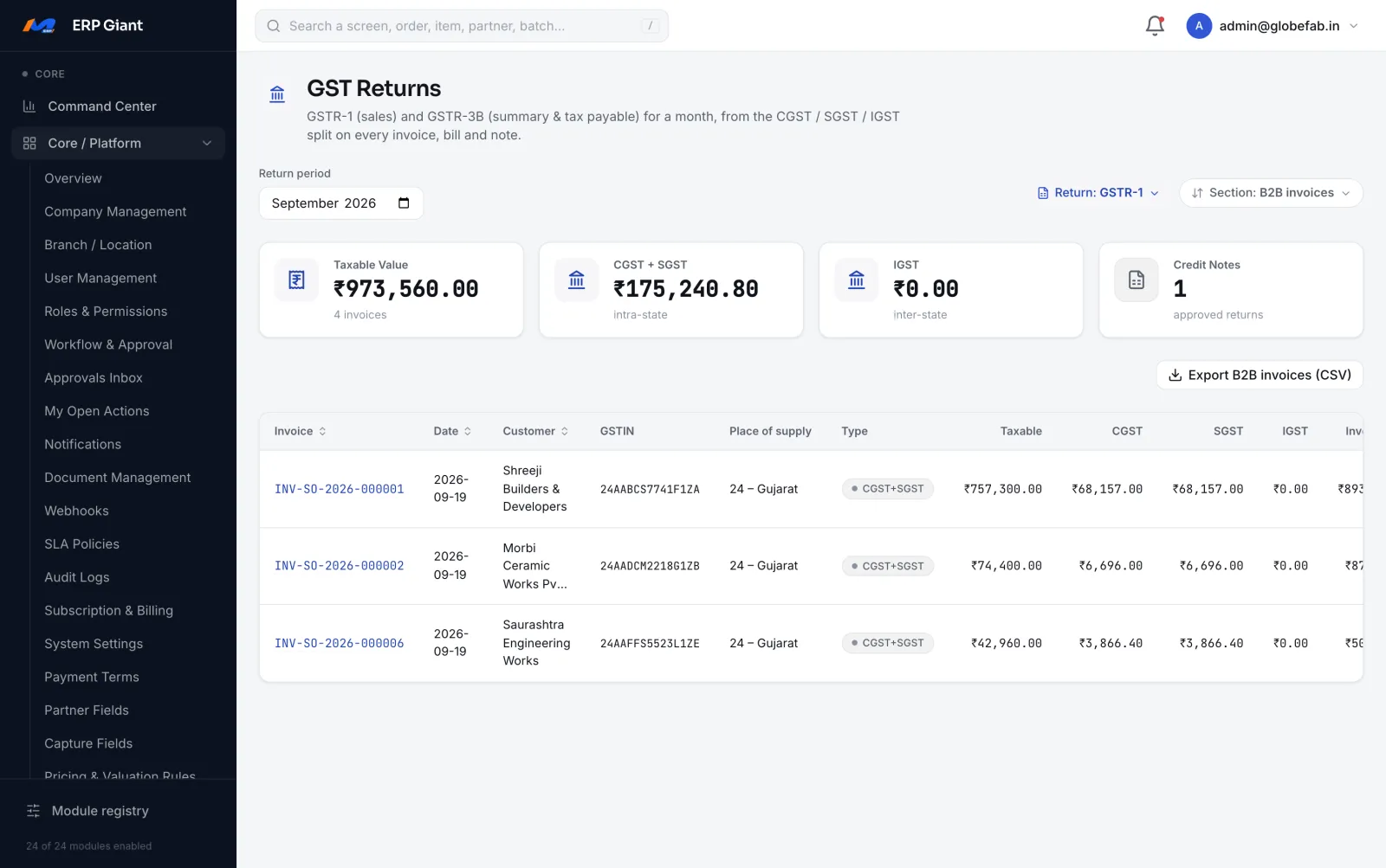 GST returns screen with GSTR-1 and GSTR-3B assembled from invoices