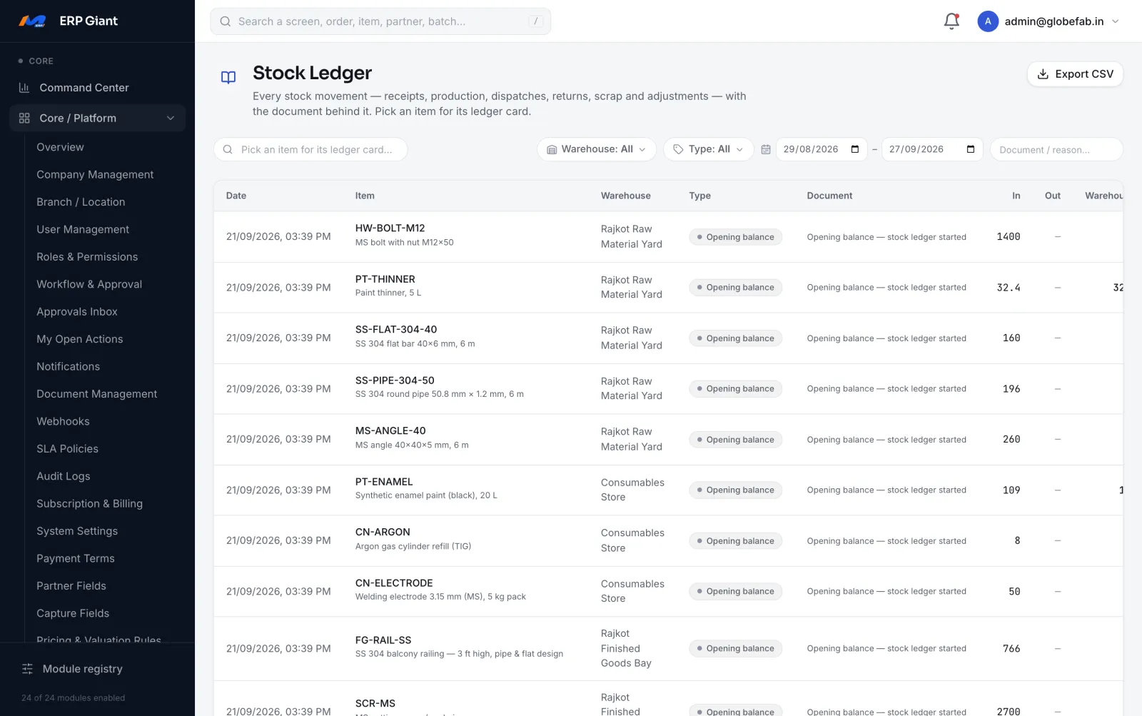 Stock ledger listing movements with document, in, out and running balance