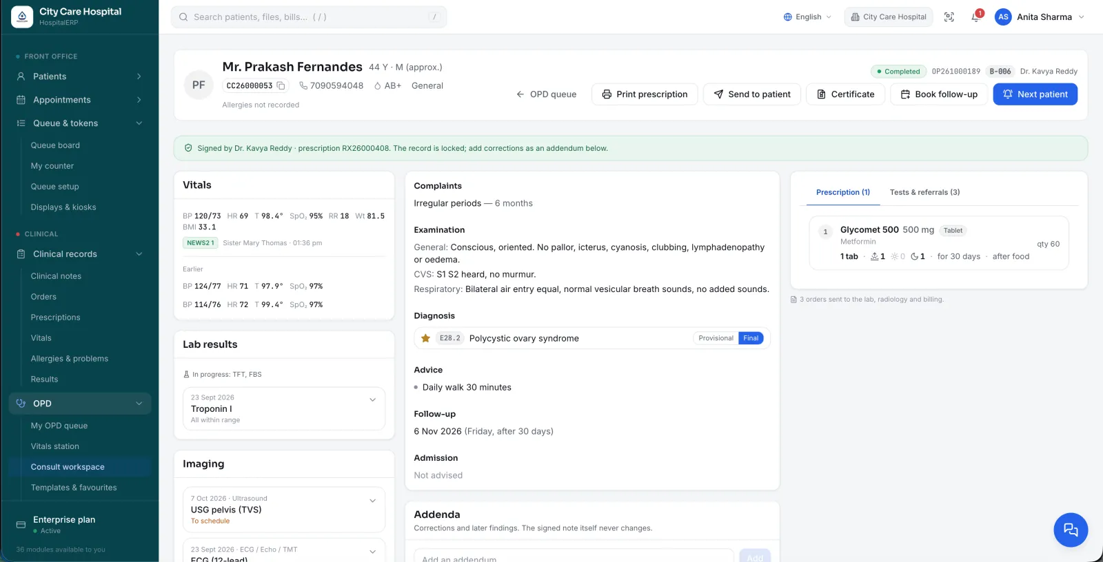 Doctor consult workspace with notes, diagnosis and prescription